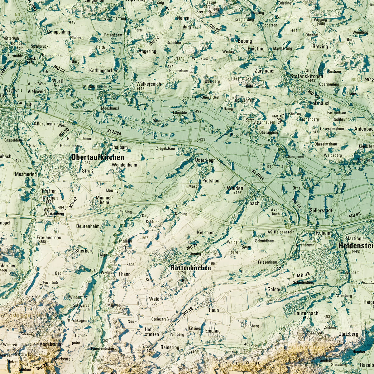Landkreis Mühldorf a.Inn Poster, Detailansicht der Reliefkarte in der Farbvariante Petrol #c2
