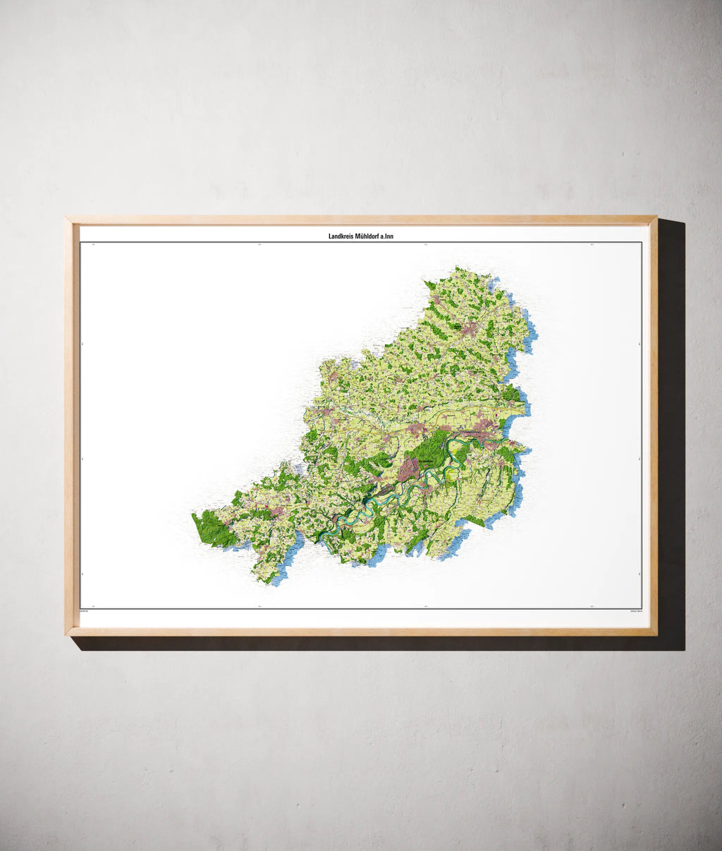 Landkreis Mühldorf a.Inn Poster als schattierte Reliefkarte, Farbvariante Topographisch, gerahmt an einer Wand #dtk