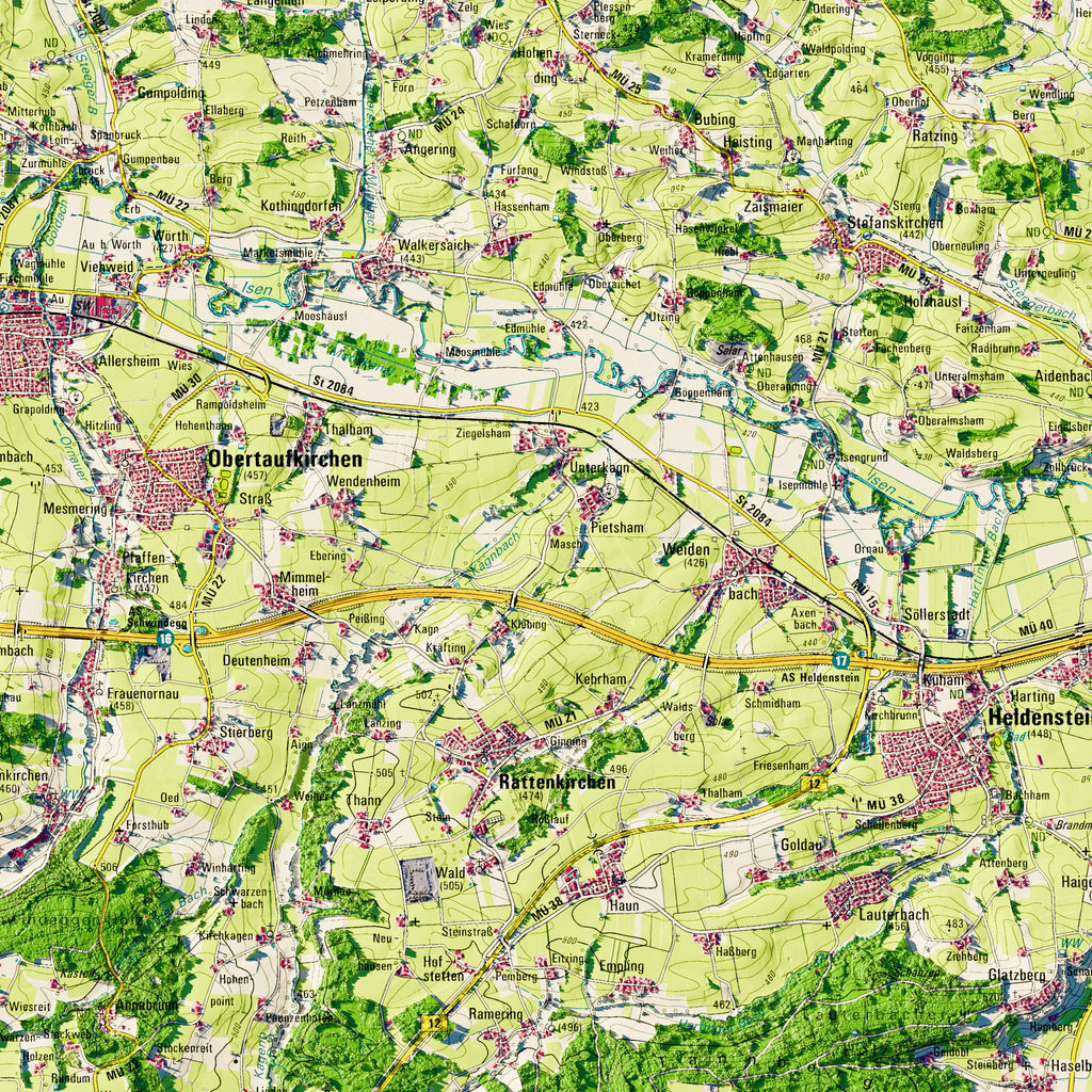 Landkreis Mühldorf a.Inn Poster, Detailansicht der Reliefkarte in der Farbvariante Topographisch #dtk
