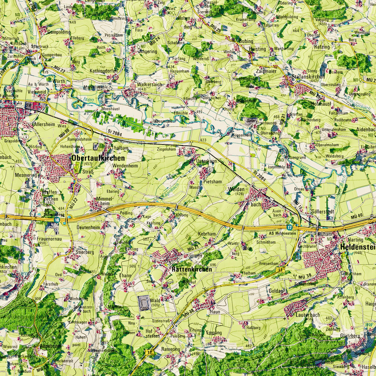 Landkreis Mühldorf a.Inn Poster, Detailansicht der Reliefkarte in der Farbvariante Topographisch #dtk