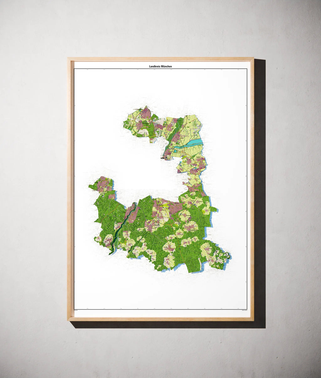 Landkreis München Poster als schattierte Reliefkarte, Farbvariante Topographisch, gerahmt an einer Wand #dtk