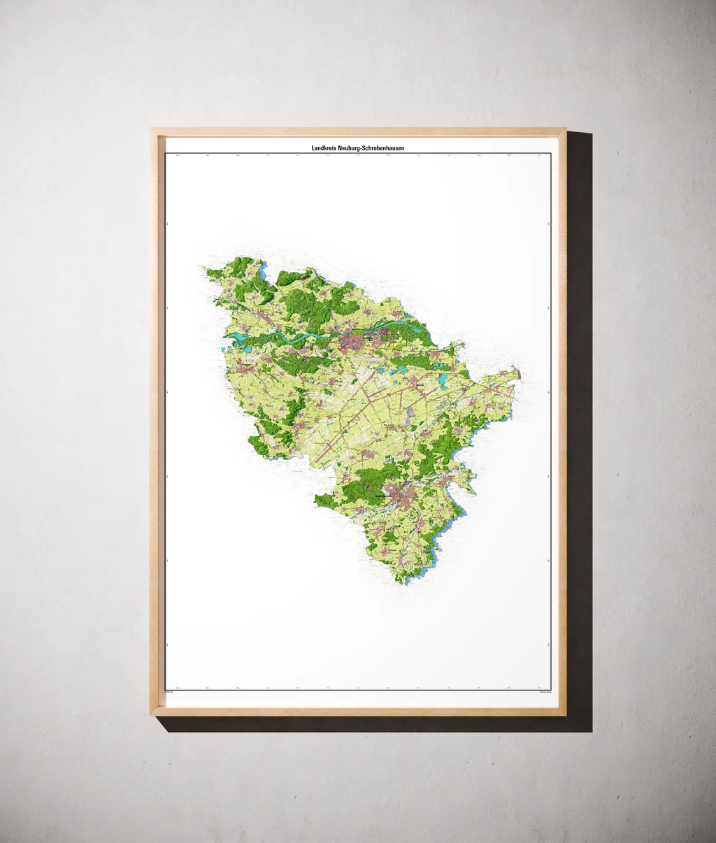 Landkreis Neuburg-Schrobenhausen Poster als schattierte Reliefkarte, Farbvariante Topographisch, gerahmt an einer Wand #dtk