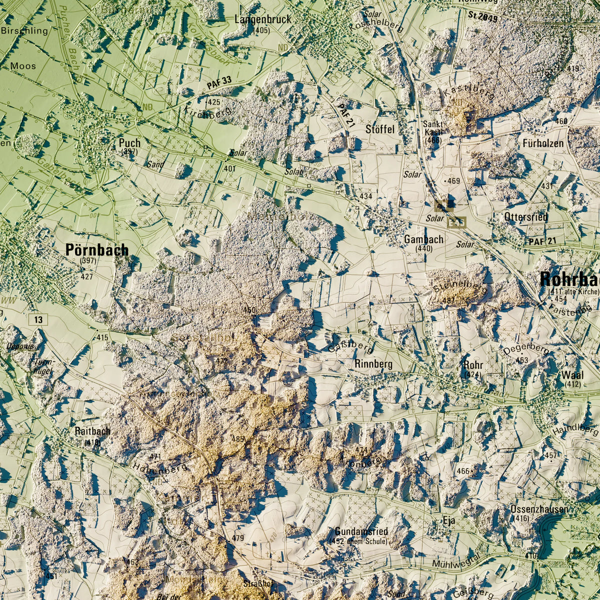 Landkreis Pfaffenhofen a.d.Ilm Poster, Detailansicht der Reliefkarte in der Farbvariante Salbei #c1