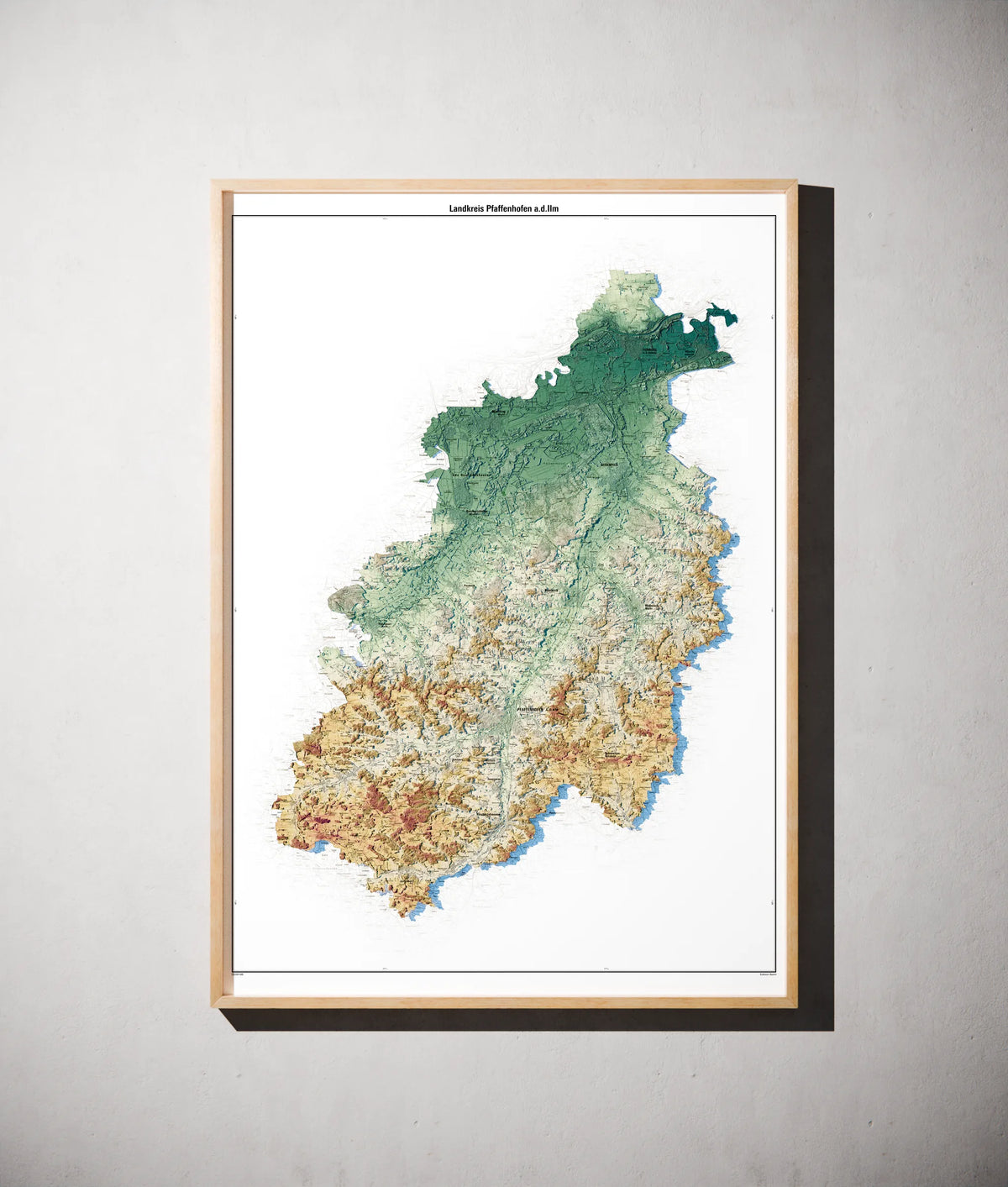 Landkreis Pfaffenhofen a.d.Ilm Poster als schattierte Reliefkarte, Farbvariante Petrol, gerahmt an einer Wand #c2