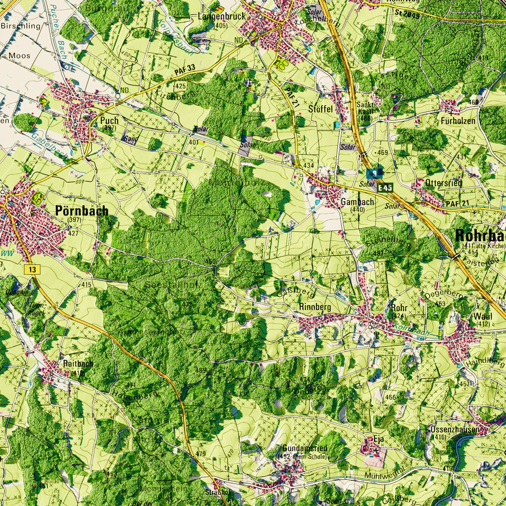 Landkreis Pfaffenhofen a.d.Ilm Poster, Detailansicht der Reliefkarte in der Farbvariante Topographisch #dtk