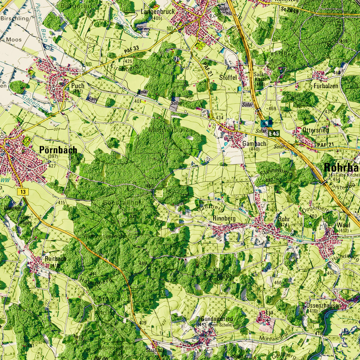 Landkreis Pfaffenhofen a.d.Ilm Poster, Detailansicht der Reliefkarte in der Farbvariante Topographisch #dtk