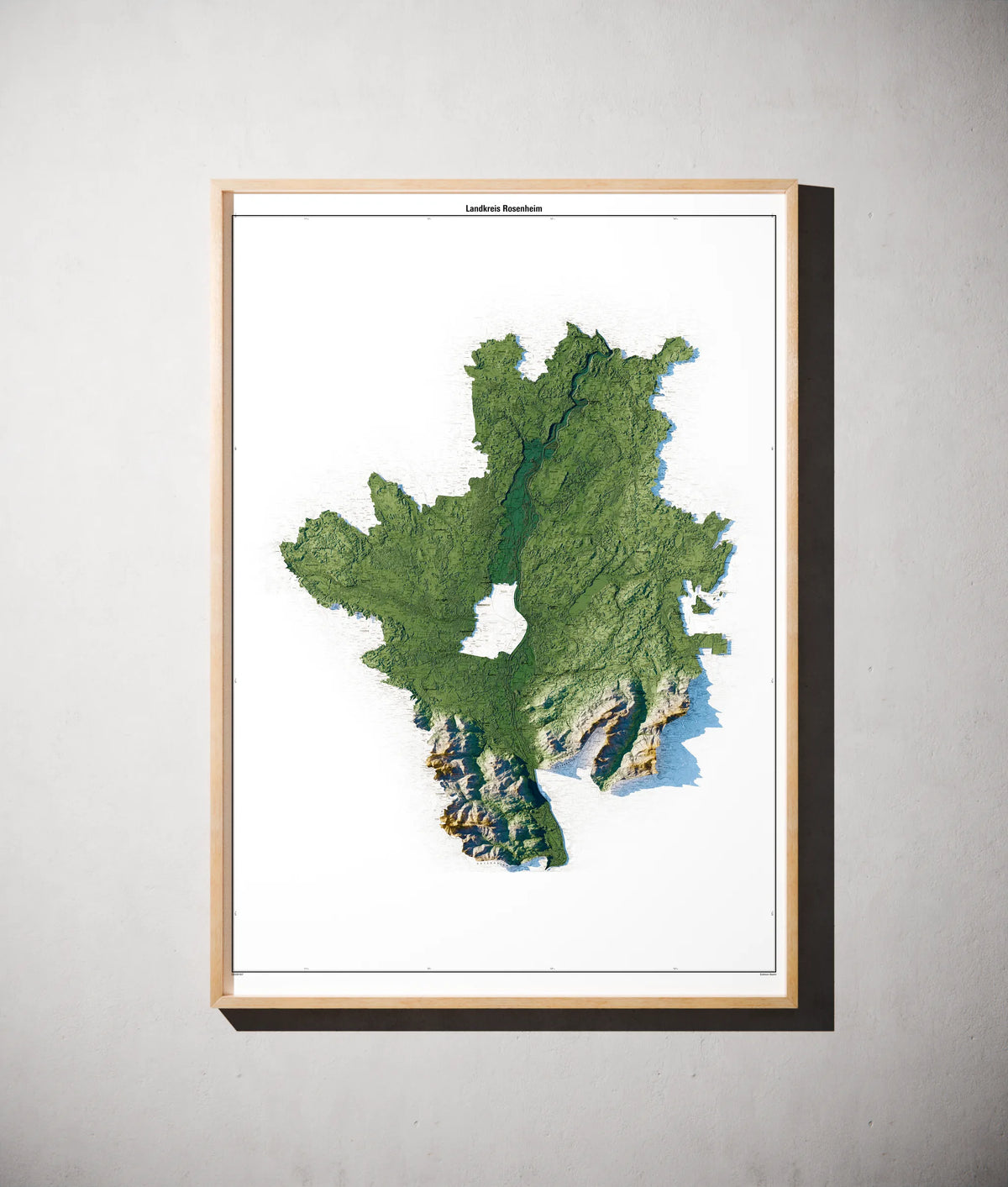 Landkreis Rosenheim Poster als schattierte Reliefkarte, Farbvariante Salbei, gerahmt an einer Wand #c1