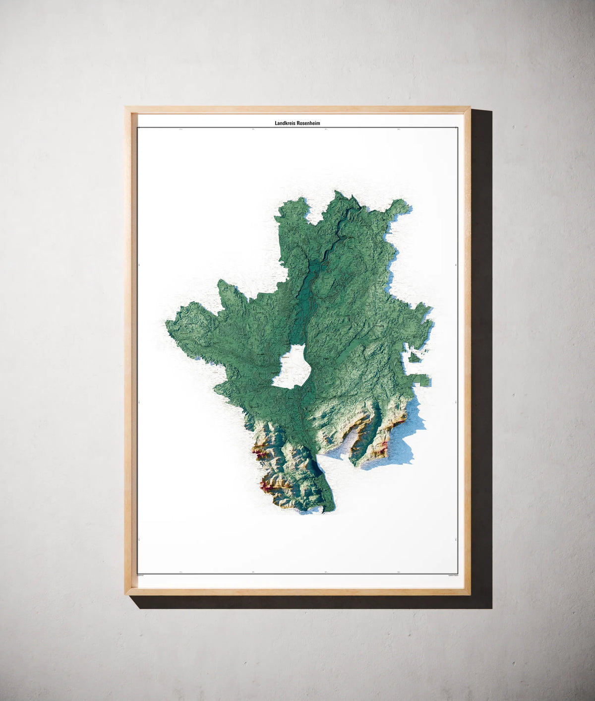 Landkreis Rosenheim Poster als schattierte Reliefkarte, Farbvariante Petrol, gerahmt an einer Wand #c2
