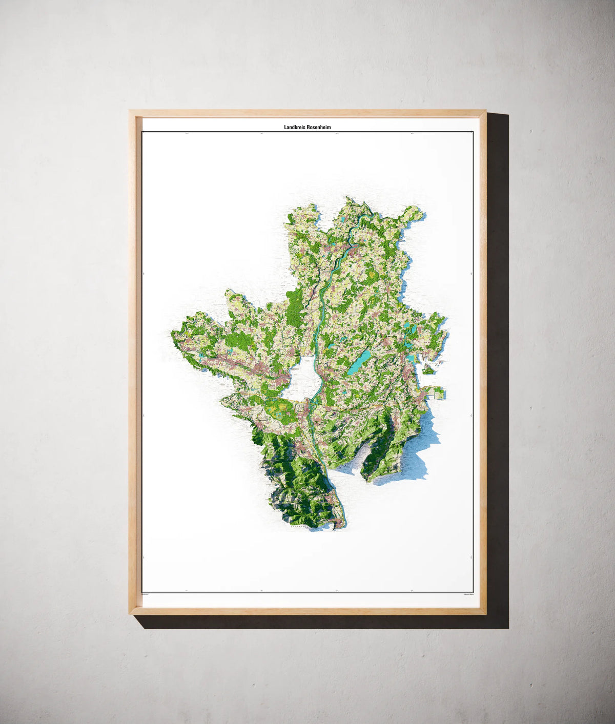 Landkreis Rosenheim Poster als schattierte Reliefkarte, Farbvariante Topographisch, gerahmt an einer Wand #dtk
