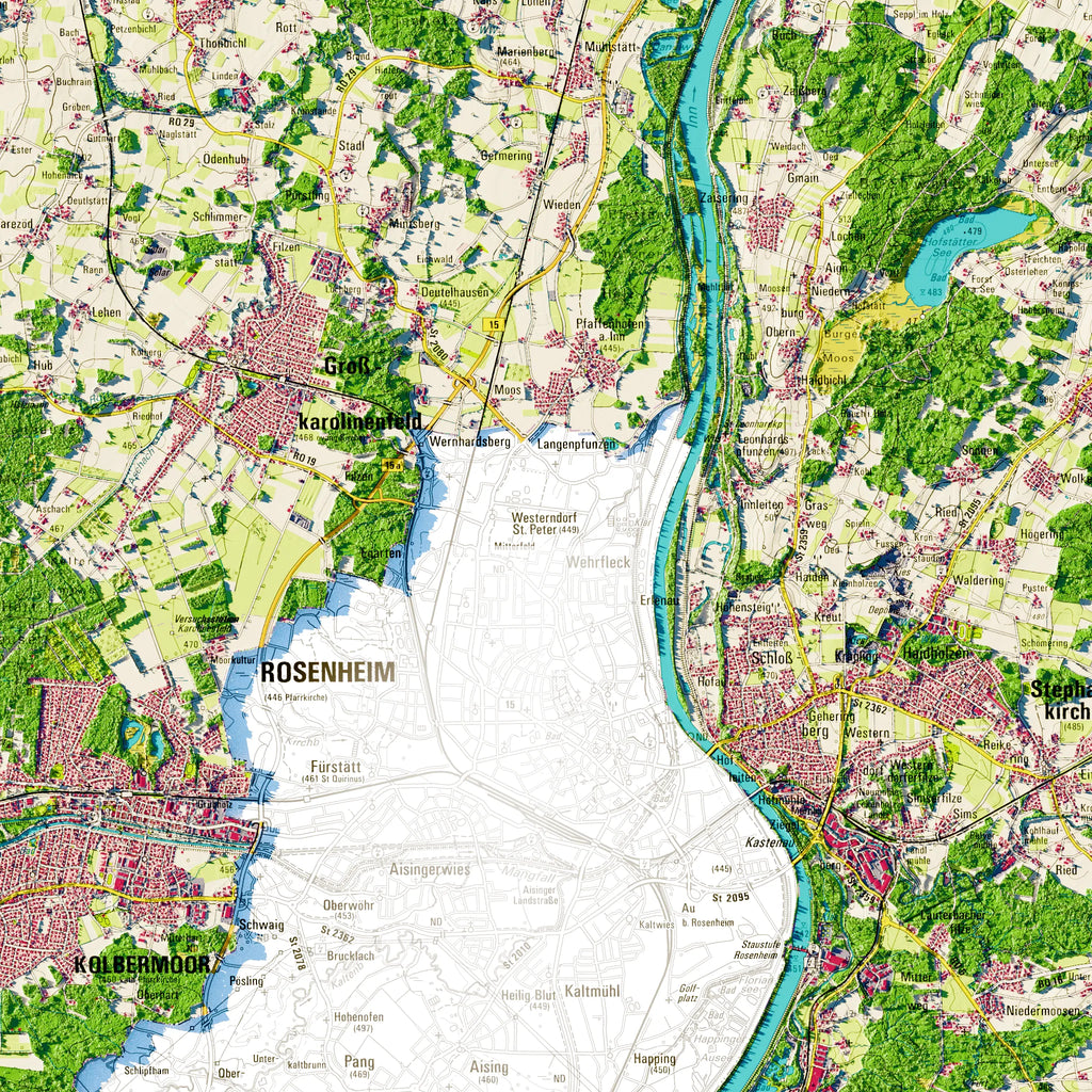Landkreis Rosenheim Poster, Detailansicht der Reliefkarte in der Farbvariante Topographisch #dtk