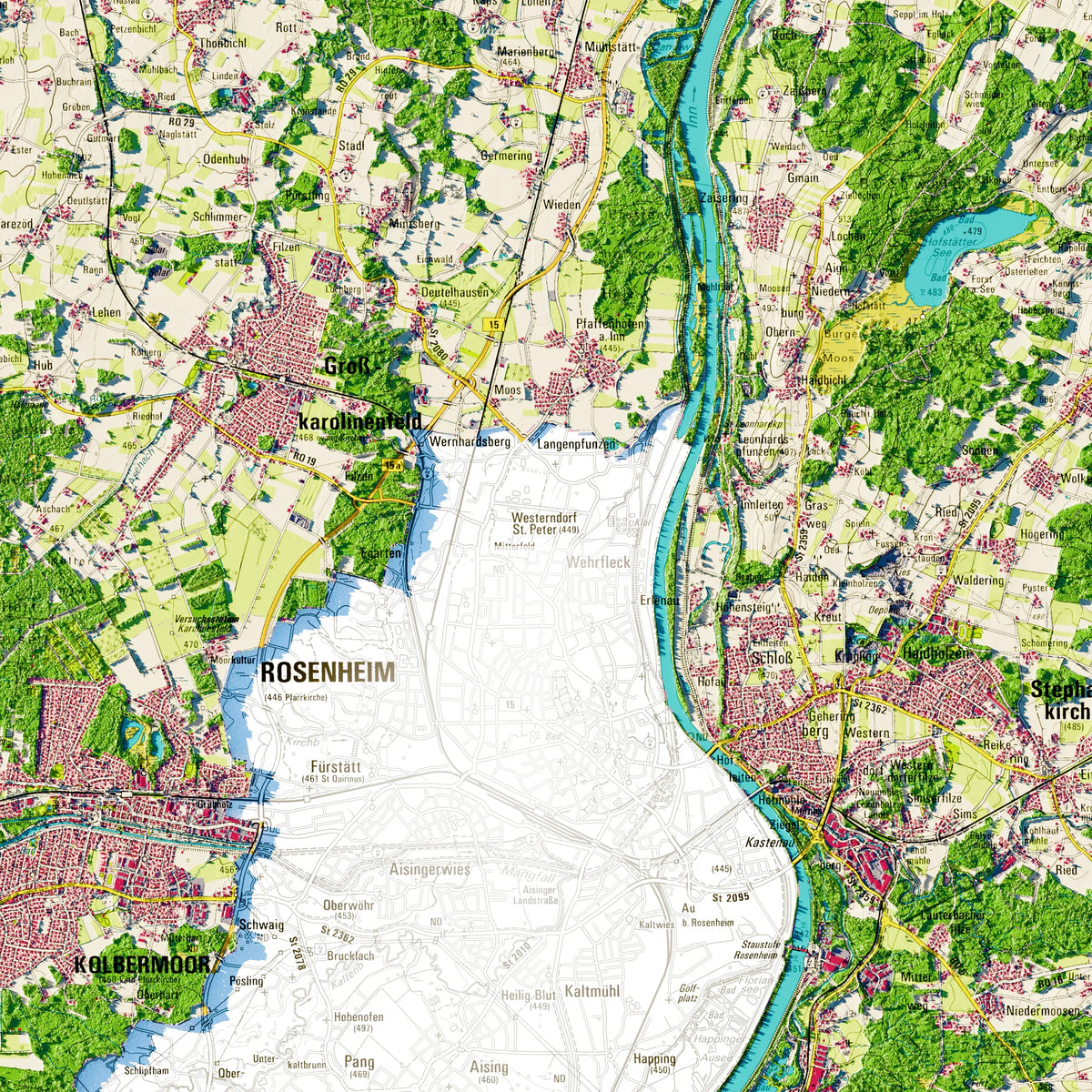 Landkreis Rosenheim Poster, Detailansicht der Reliefkarte in der Farbvariante Topographisch #dtk