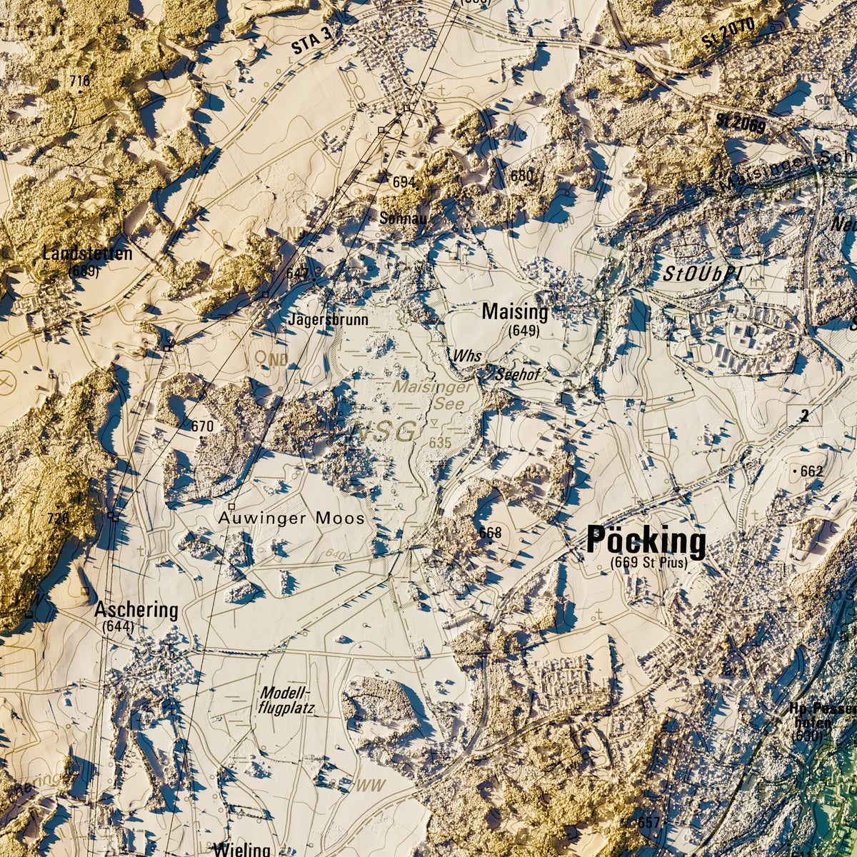 Landkreis Starnberg Poster, Detailansicht der Reliefkarte in der Farbvariante Salbei #c1