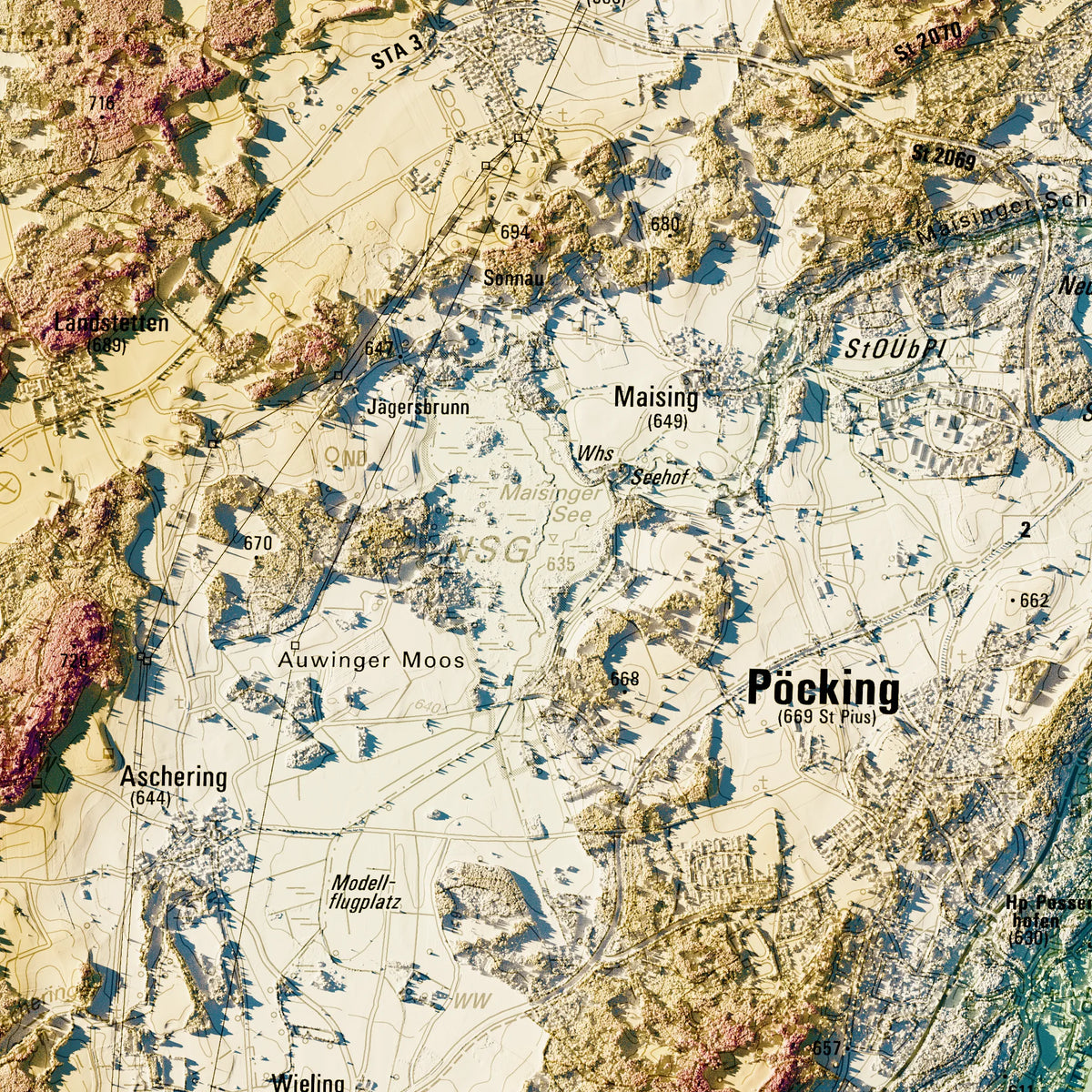 Landkreis Starnberg Poster, Detailansicht der Reliefkarte in der Farbvariante Petrol #c2