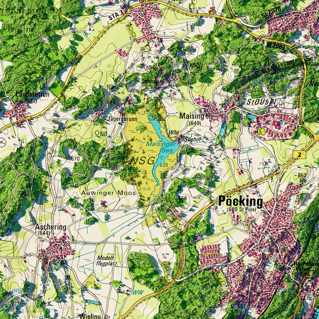 Landkreis Starnberg Poster, Detailansicht der Reliefkarte in der Farbvariante Topographisch #dtk