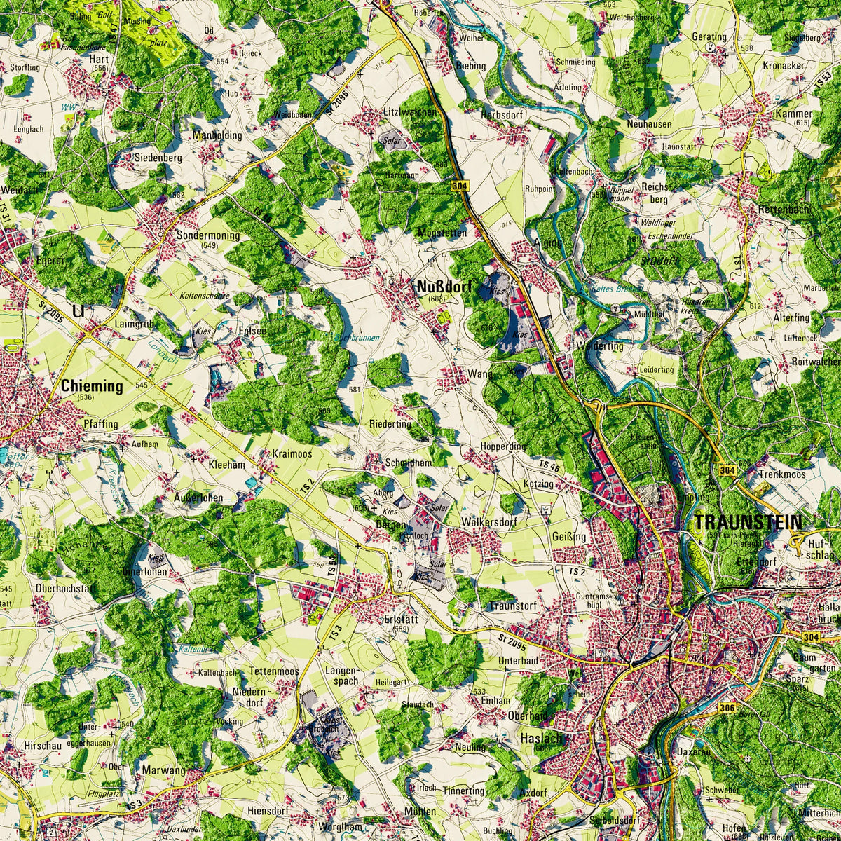 Landkreis Traunstein Poster, Detailansicht der Reliefkarte in der Farbvariante Topographisch #dtk