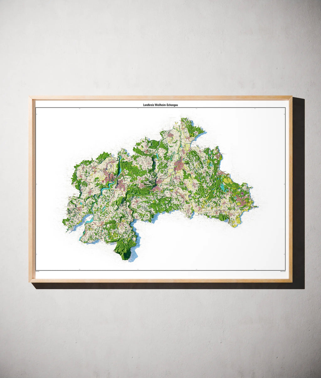 Landkreis Weilheim-Schongau Poster als schattierte Reliefkarte, Farbvariante Topographisch, gerahmt an einer Wand #dtk