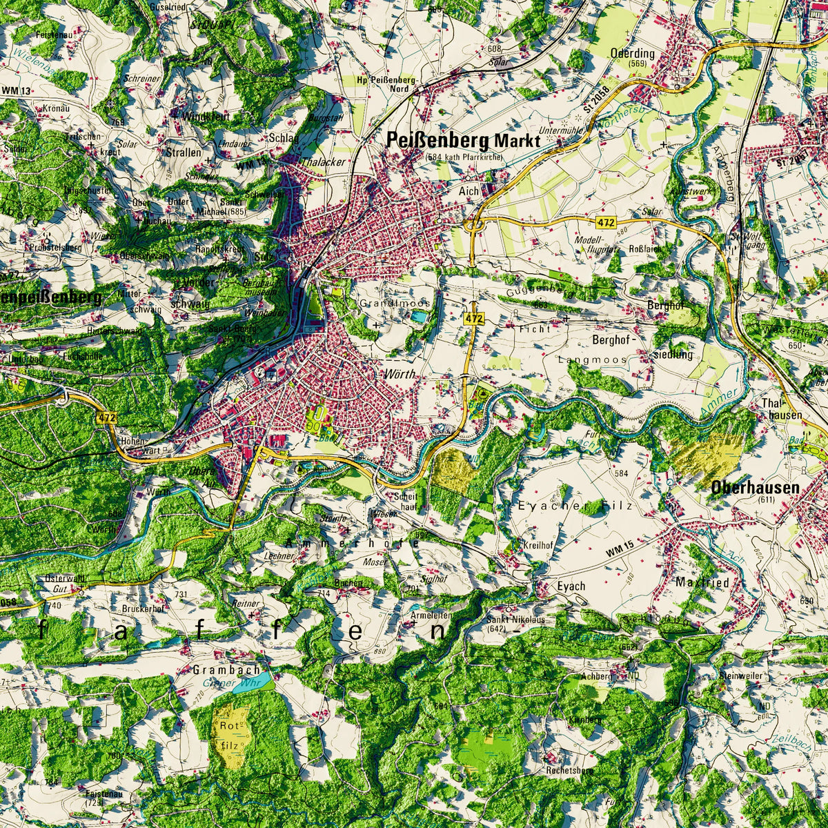 Landkreis Weilheim-Schongau Poster, Detailansicht der Reliefkarte in der Farbvariante Topographisch #dtk