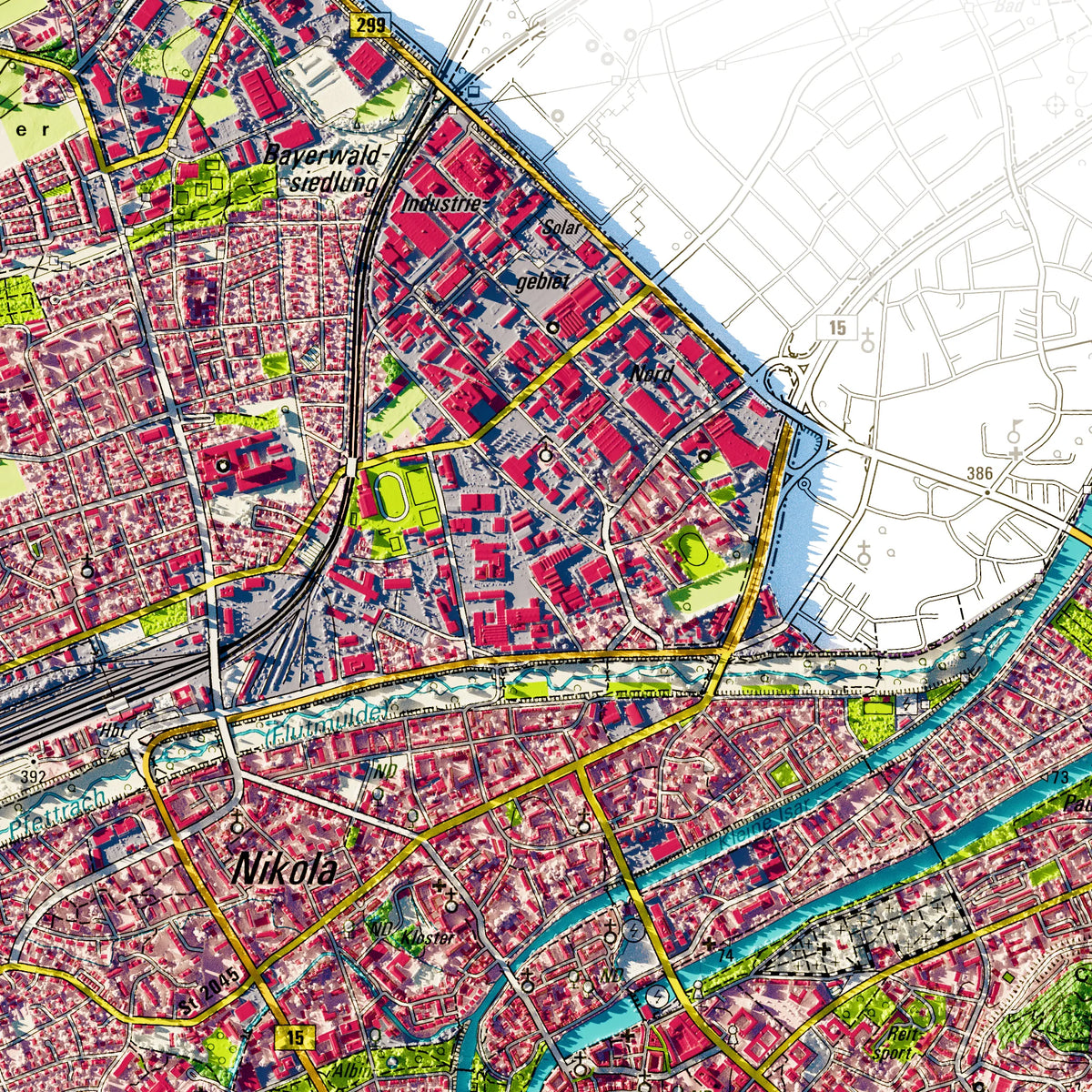 Stadt Landshut Poster, Detailansicht der Reliefkarte in der Farbvariante Topographisch #dtk