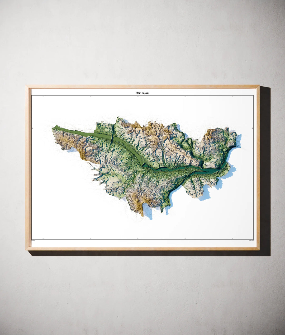 Stadt Passau Poster als schattierte Reliefkarte, Farbvariante Salbei, gerahmt an einer Wand #c1