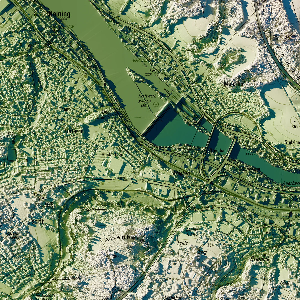 Stadt Passau Poster, Detailansicht der Reliefkarte in der Farbvariante Salbei #c1