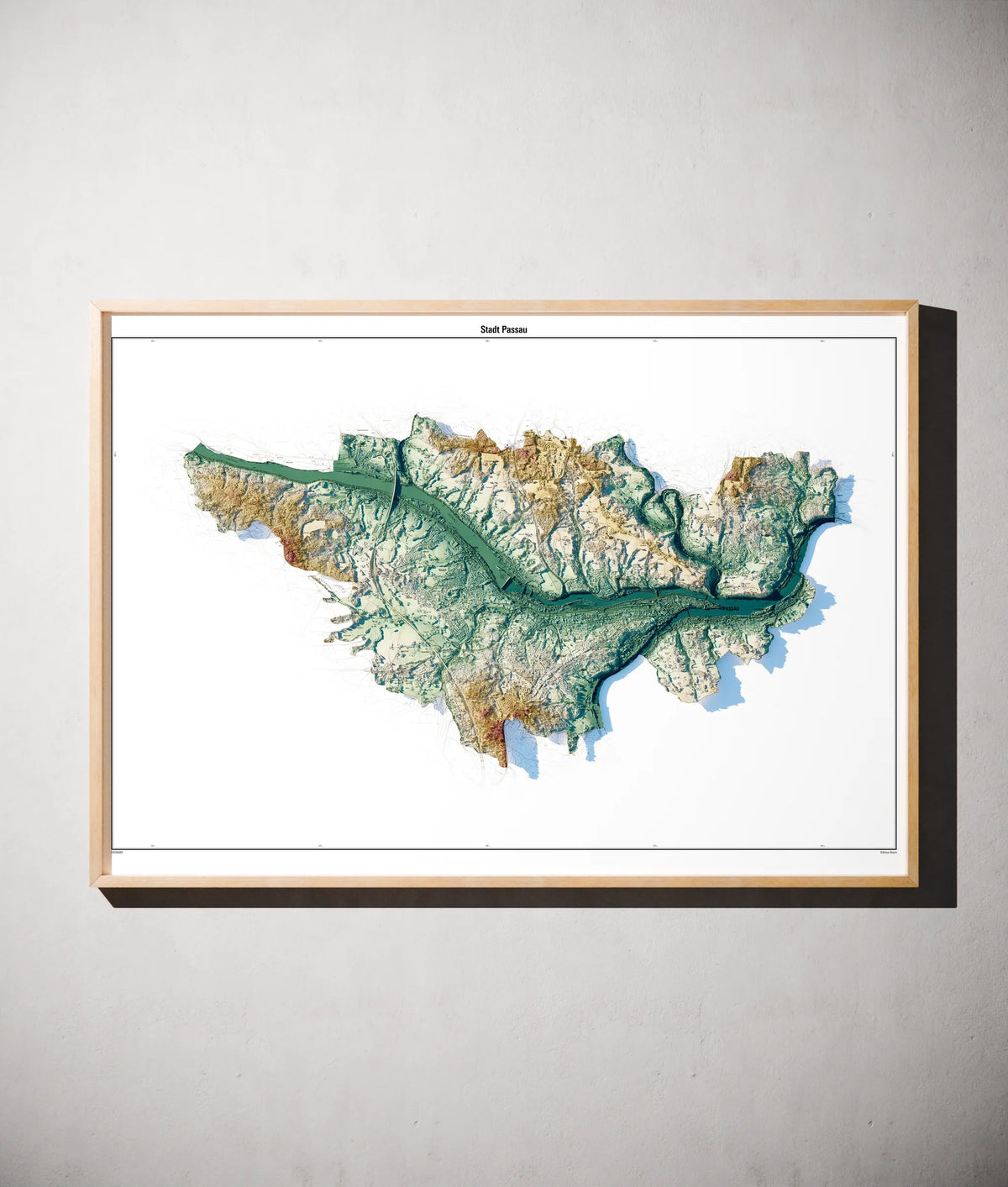 Stadt Passau Poster als schattierte Reliefkarte, Farbvariante Petrol, gerahmt an einer Wand #c2