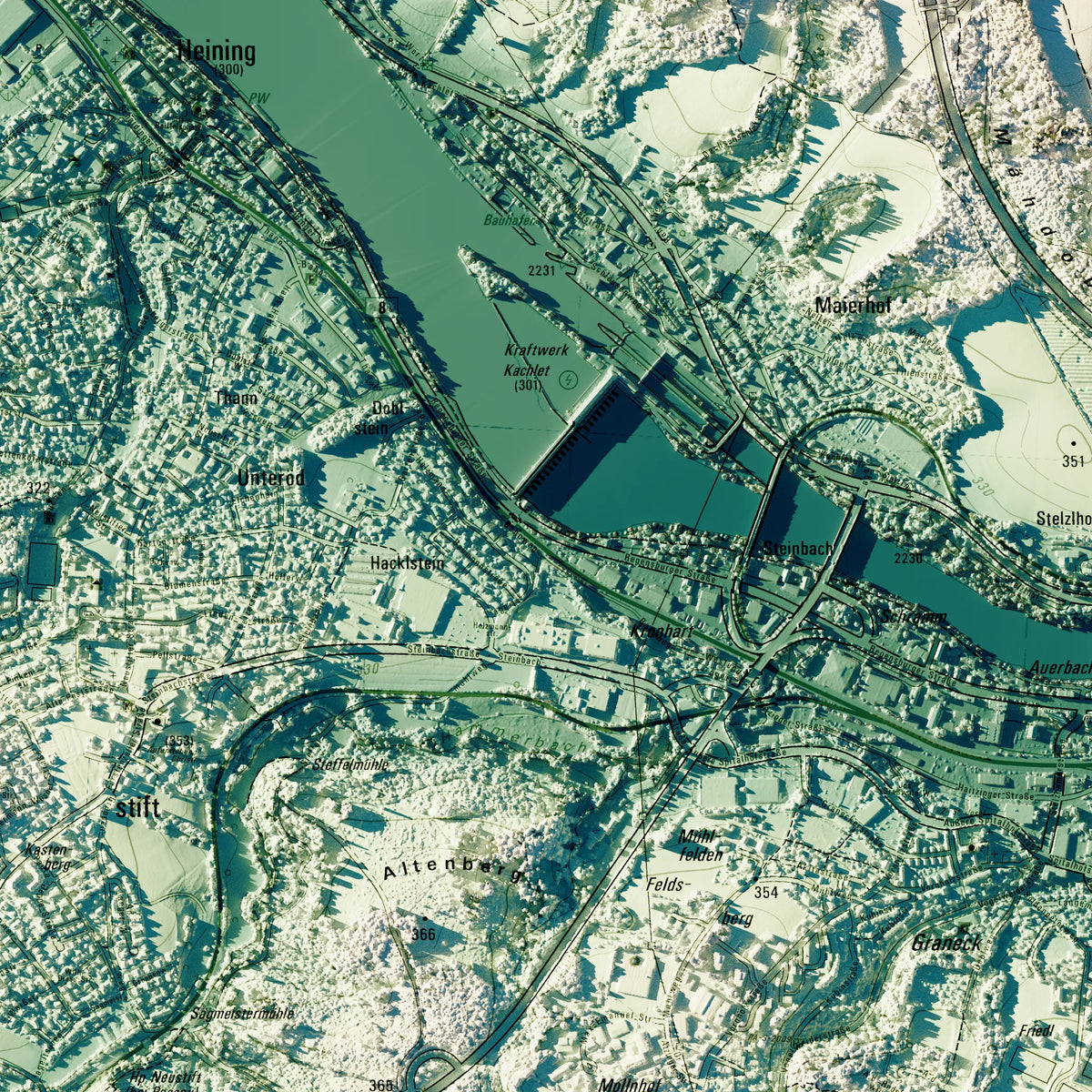 Stadt Passau Poster, Detailansicht der Reliefkarte in der Farbvariante Petrol #c2