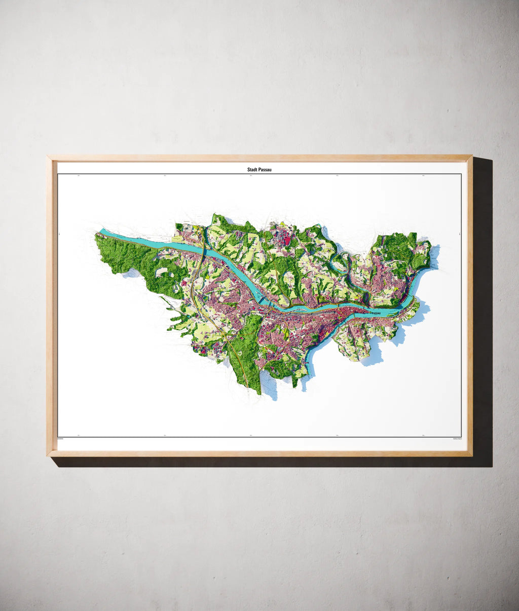Stadt Passau Poster als schattierte Reliefkarte, Farbvariante Topographisch, gerahmt an einer Wand #dtk