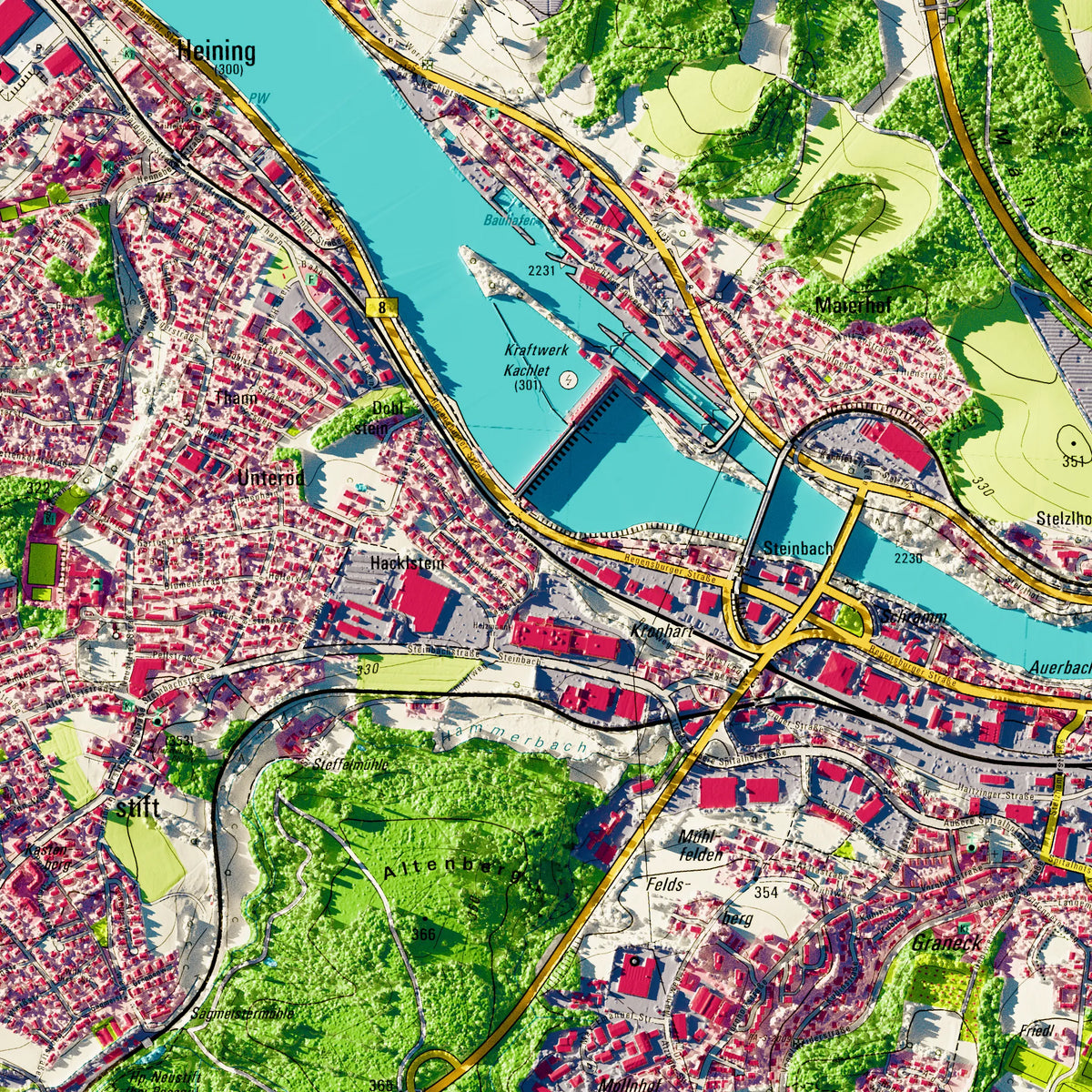 Stadt Passau Poster, Detailansicht der Reliefkarte in der Farbvariante Topographisch #dtk