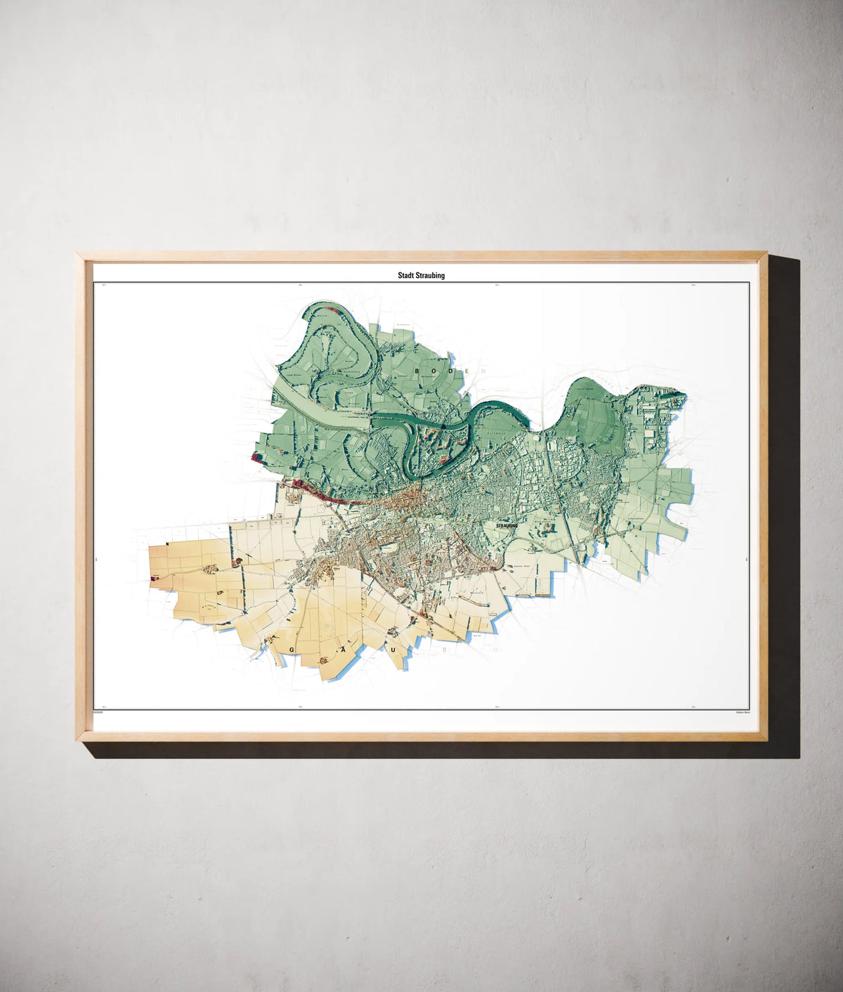 Stadt Straubing Poster als schattierte Reliefkarte, Farbvariante Petrol, gerahmt an einer Wand #c2
