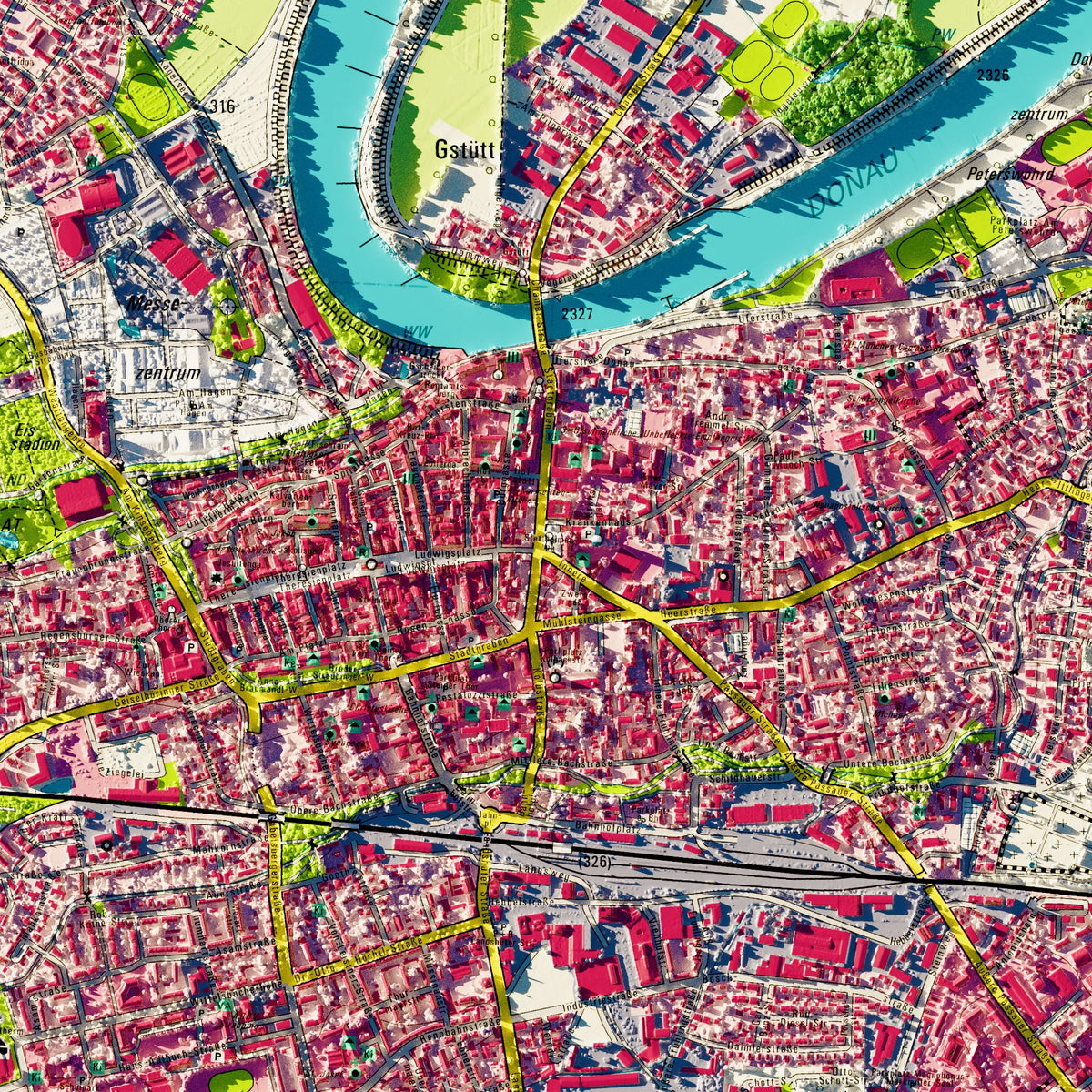 Stadt Straubing Poster, Detailansicht der Reliefkarte in der Farbvariante Topographisch #dtk