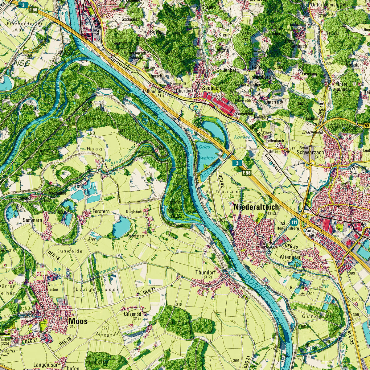 Landkreis Deggendorf Poster, Detailansicht der Reliefkarte in der Farbvariante Topographisch #dtk