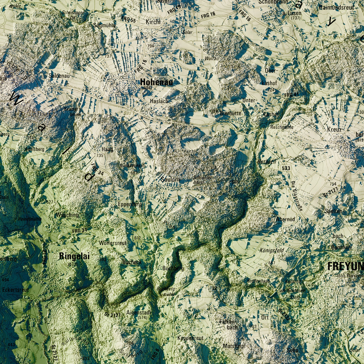 Landkreis Freyung-Grafenau Poster, Detailansicht der Reliefkarte in der Farbvariante Salbei #c1