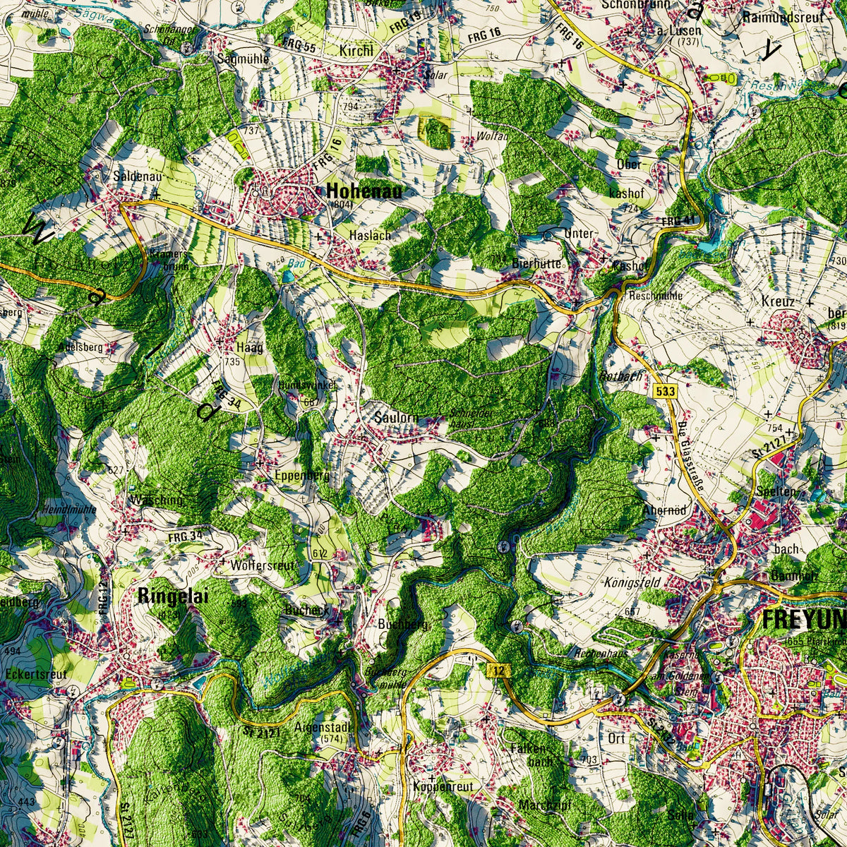 Landkreis Freyung-Grafenau Poster, Detailansicht der Reliefkarte in der Farbvariante Topographisch #dtk
