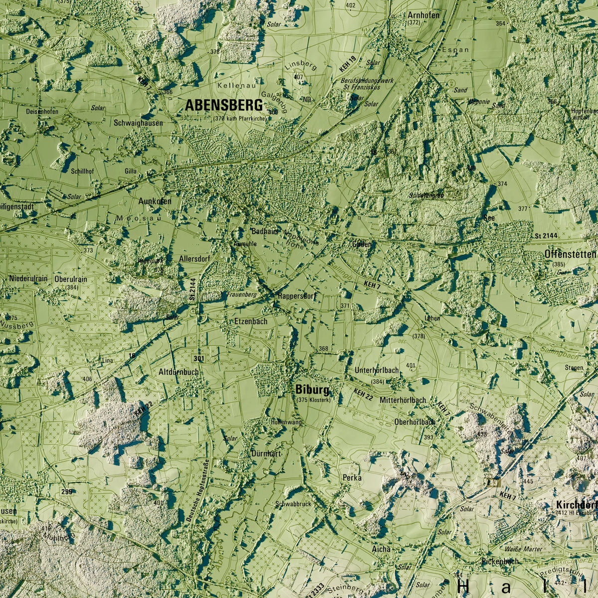Landkreis Kelheim Poster, Detailansicht der Reliefkarte in der Farbvariante Salbei #c1
