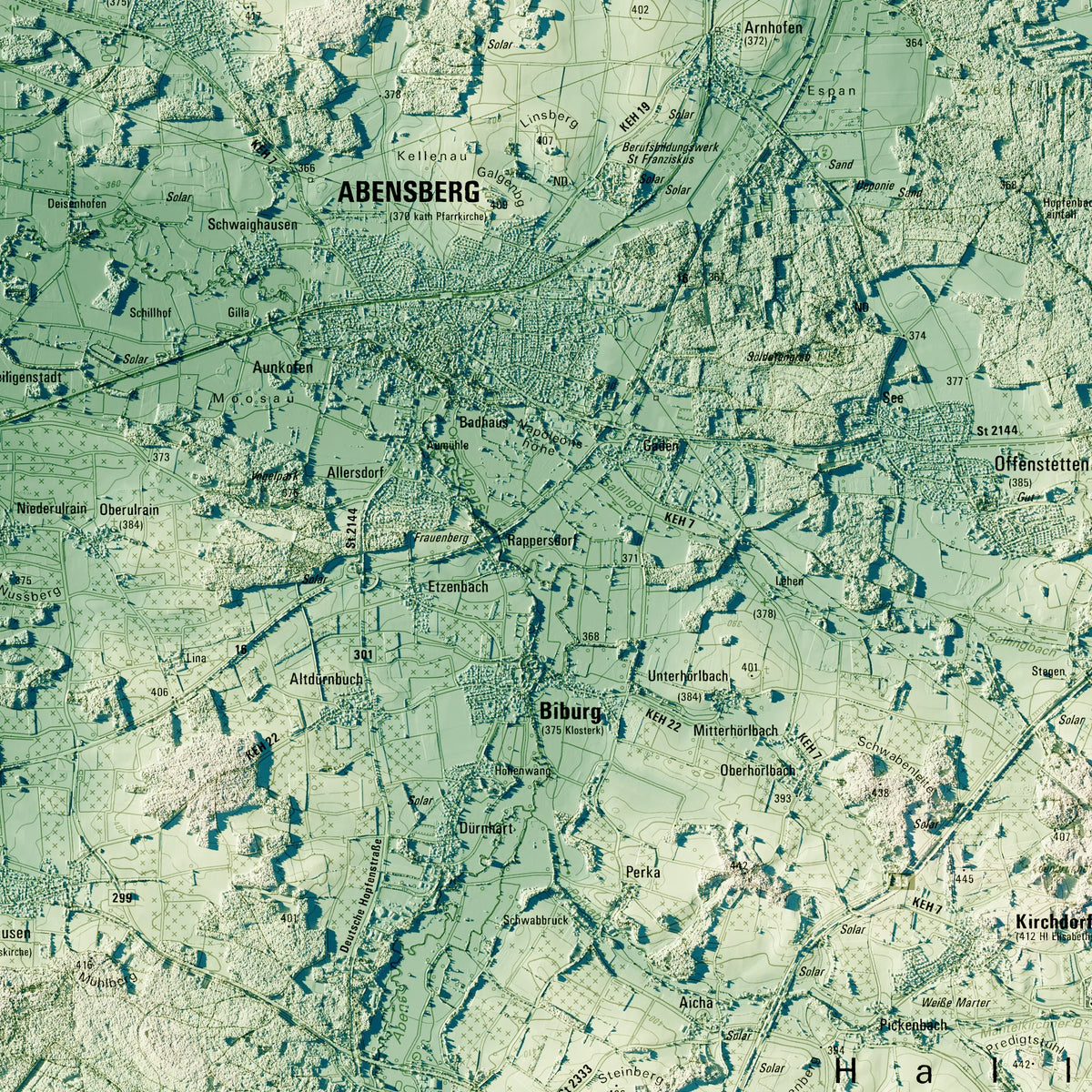Landkreis Kelheim Poster, Detailansicht der Reliefkarte in der Farbvariante Petrol #c2