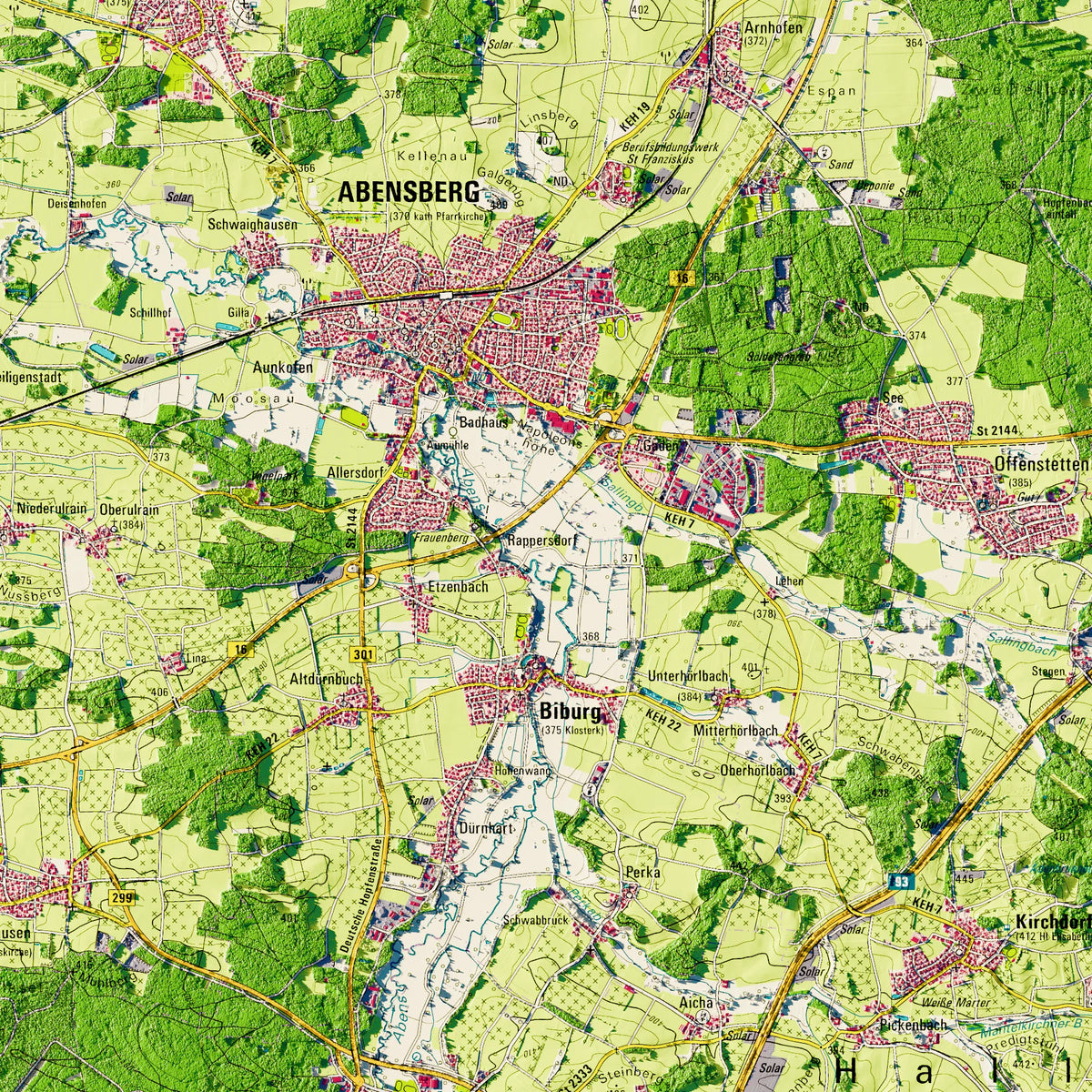Landkreis Kelheim Poster, Detailansicht der Reliefkarte in der Farbvariante Topographisch #dtk
