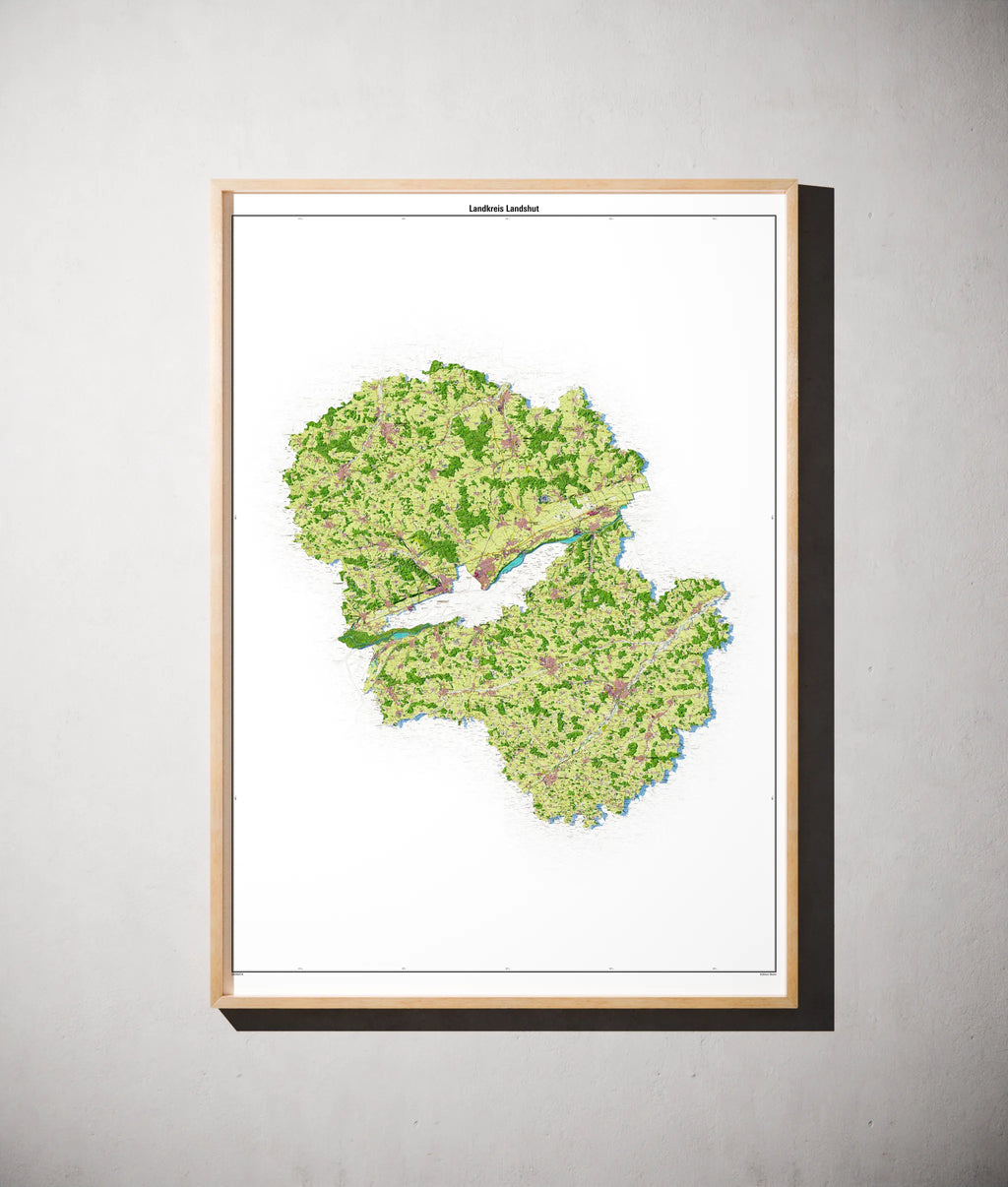 Landkreis Landshut Poster als schattierte Reliefkarte, Farbvariante Topographisch, gerahmt an einer Wand #dtk