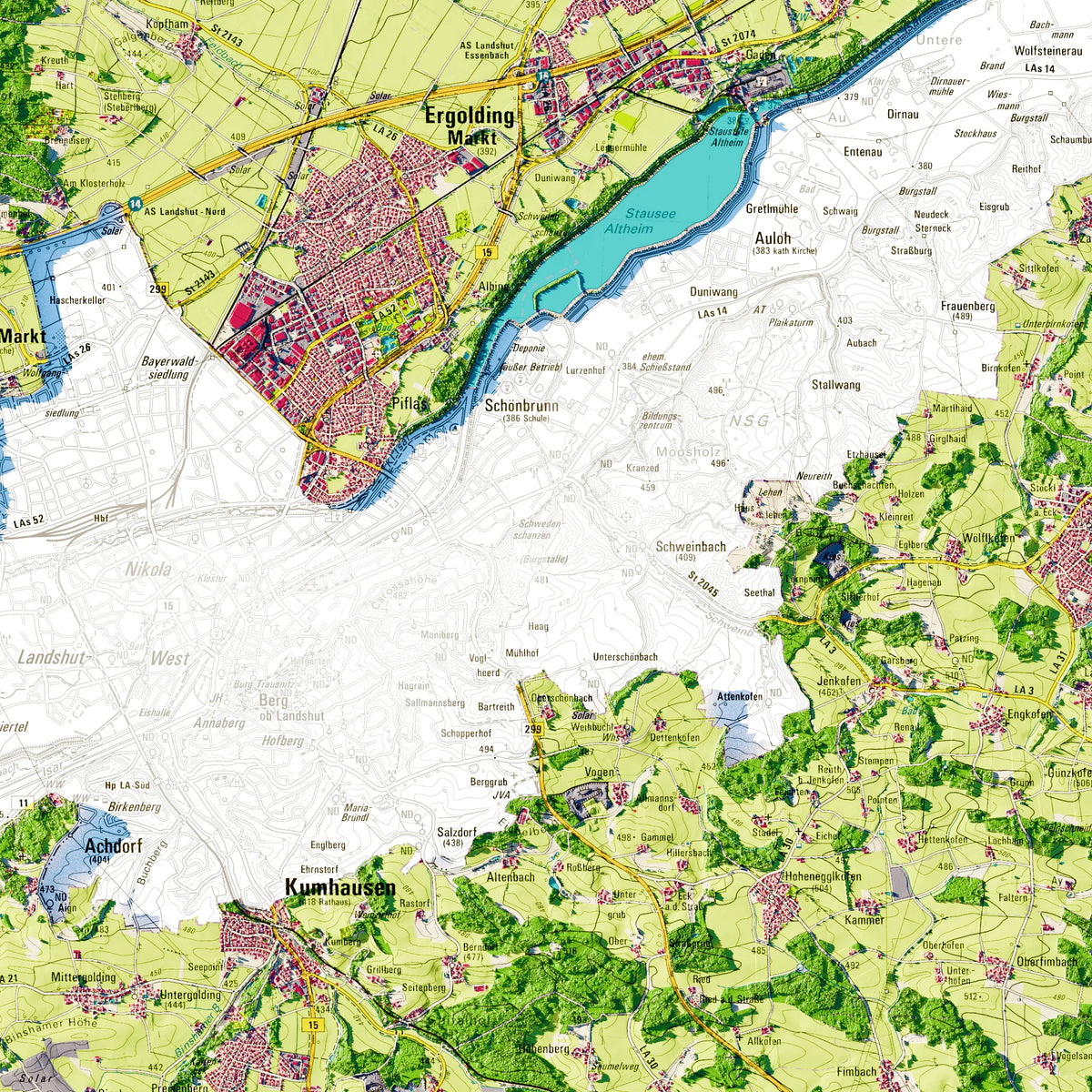Landkreis Landshut Poster, Detailansicht der Reliefkarte in der Farbvariante Topographisch #dtk
