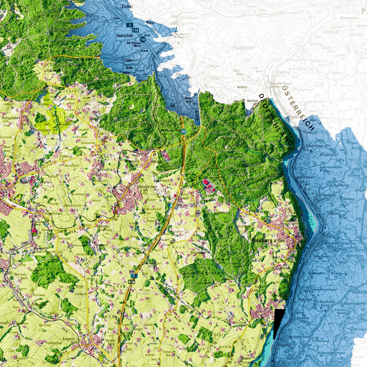 Landkreis Passau Poster, Detailansicht der Reliefkarte in der Farbvariante Topographisch #dtk