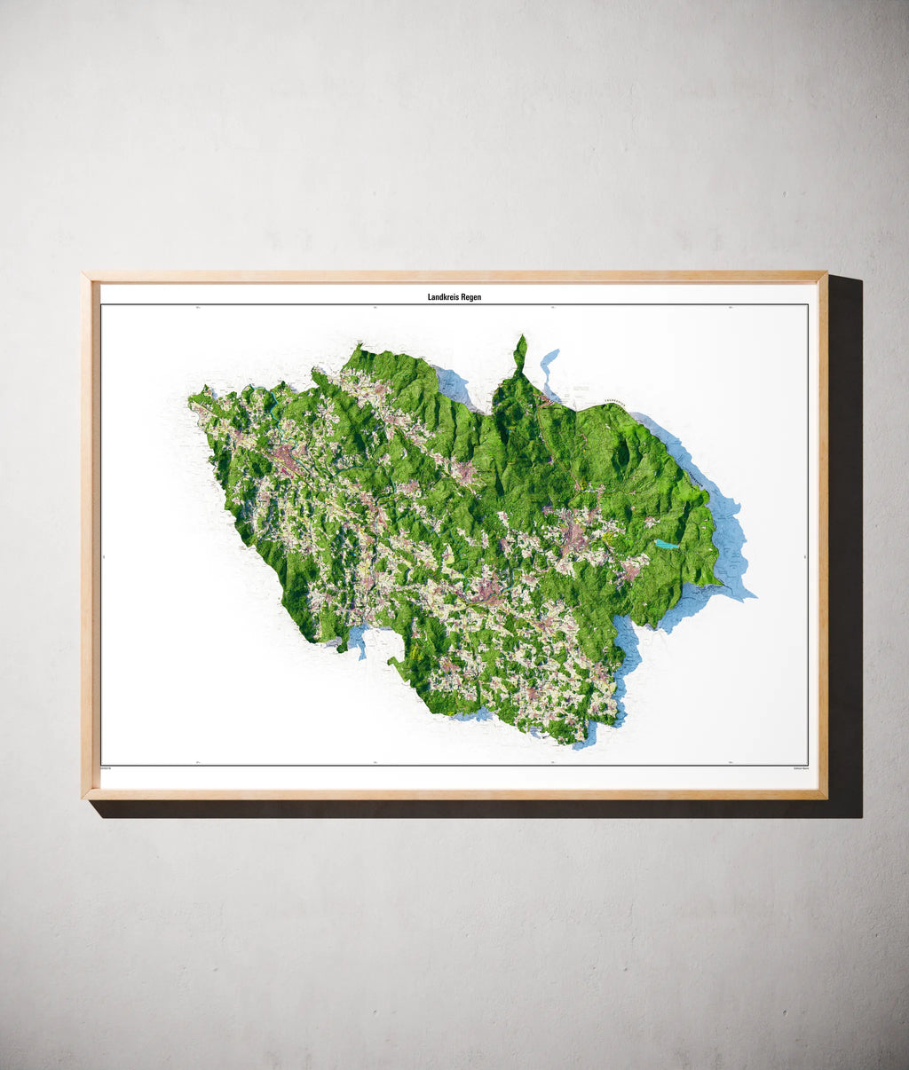 Landkreis Regen Poster als schattierte Reliefkarte, Farbvariante Topographisch, gerahmt an einer Wand #dtk