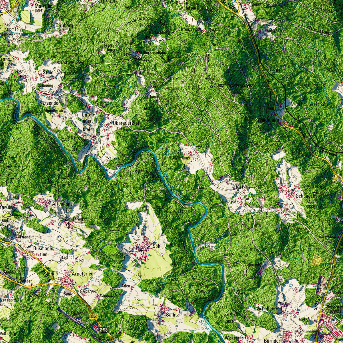 Landkreis Regen Poster, Detailansicht der Reliefkarte in der Farbvariante Topographisch #dtk