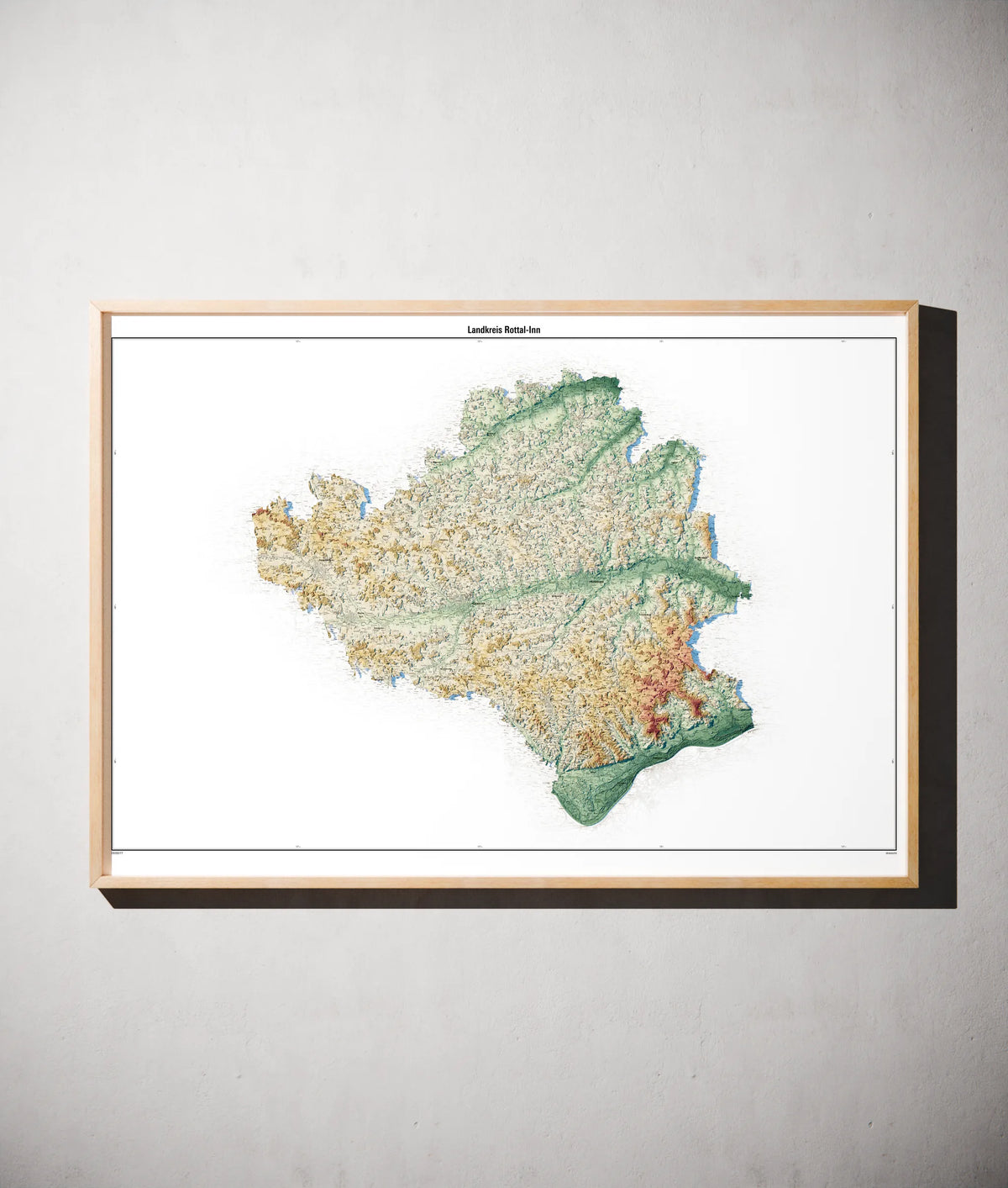 Landkreis Rottal-Inn Poster als schattierte Reliefkarte, Farbvariante Petrol, gerahmt an einer Wand #c2