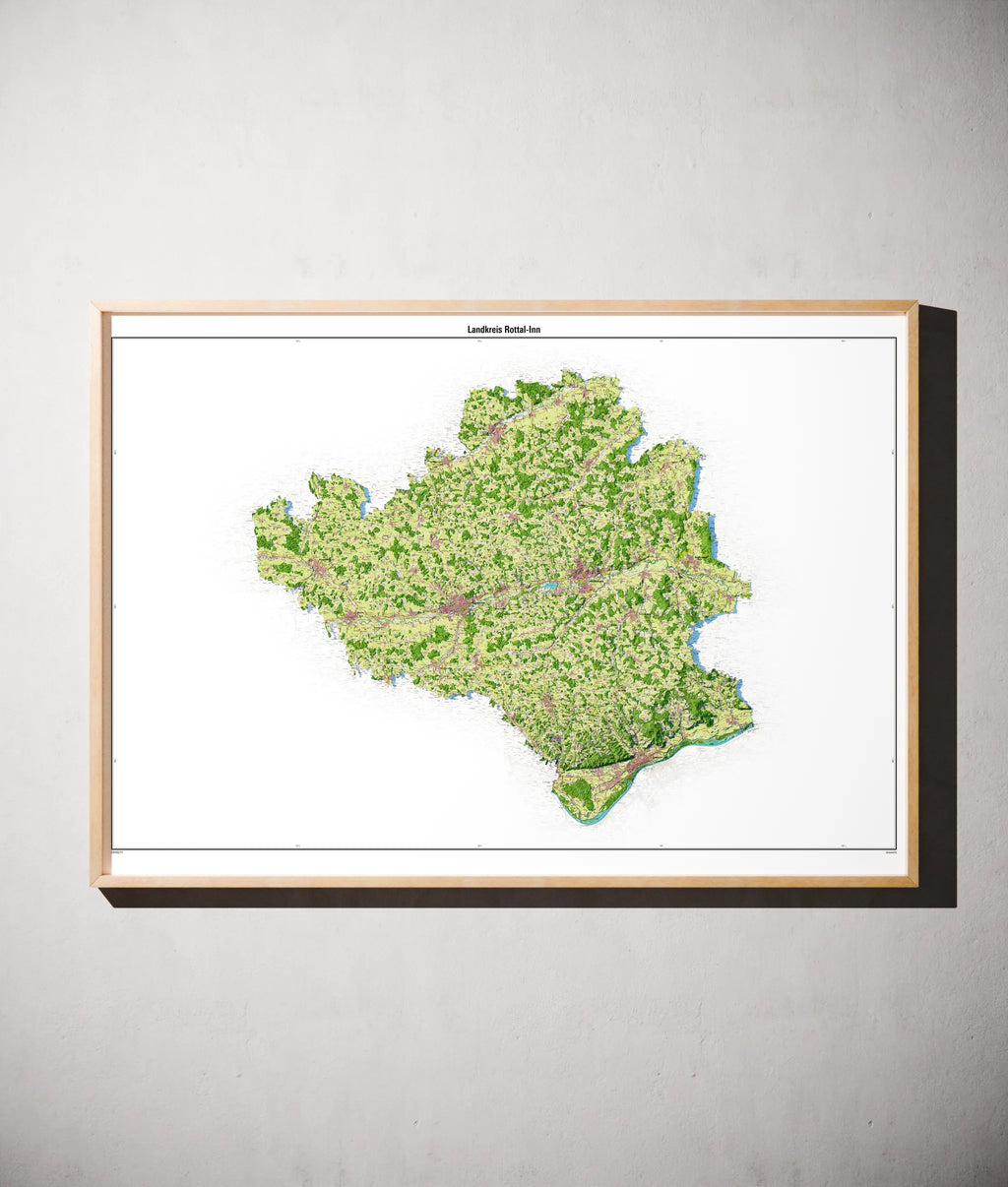 Landkreis Rottal-Inn Poster als schattierte Reliefkarte, Farbvariante Topographisch, gerahmt an einer Wand #dtk