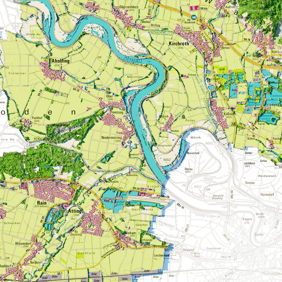 Landkreis Straubing-Bogen Poster, Detailansicht der Reliefkarte in der Farbvariante Topographisch #dtk