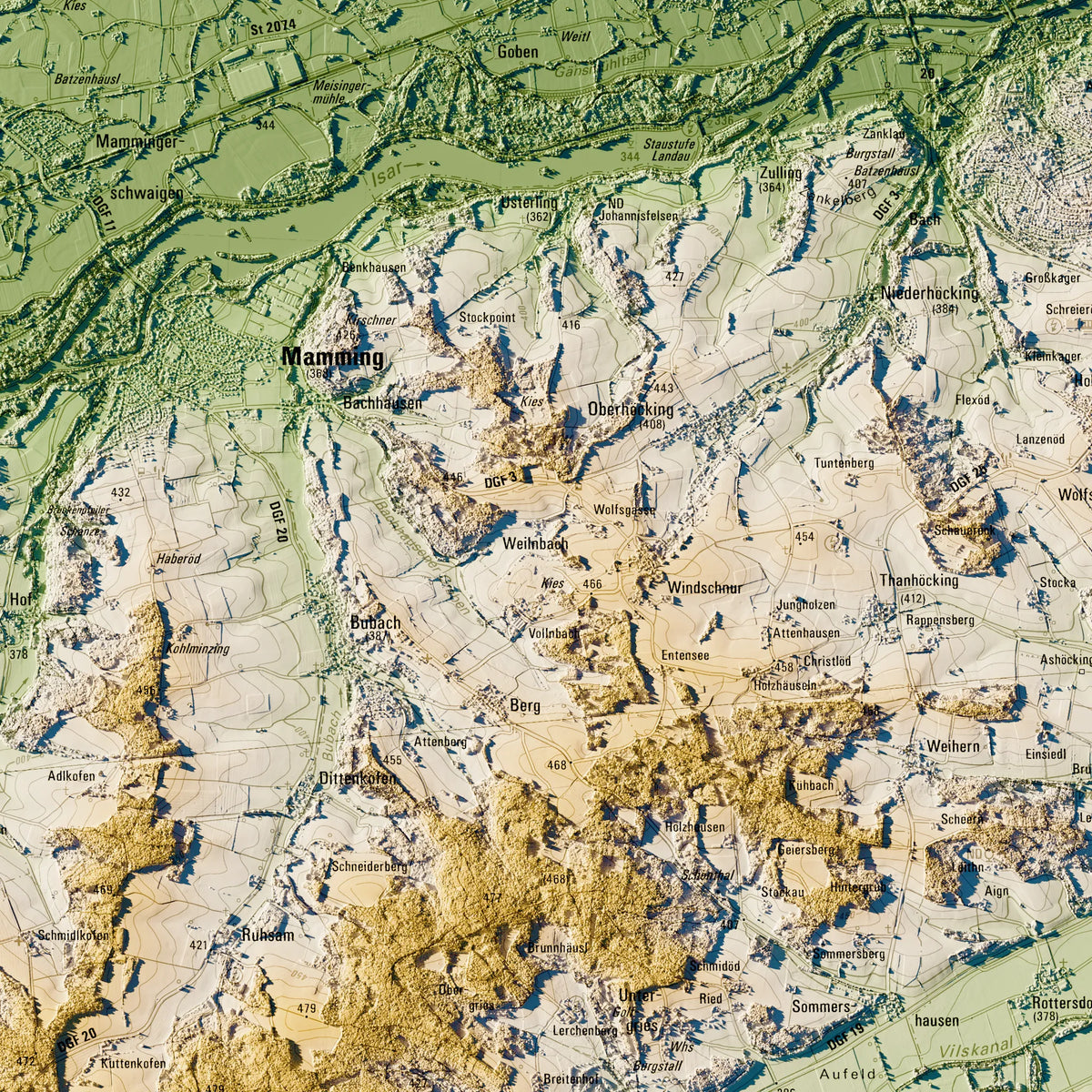 Landkreis Dingolfing-Landau Poster, Detailansicht der Reliefkarte in der Farbvariante Salbei #c1