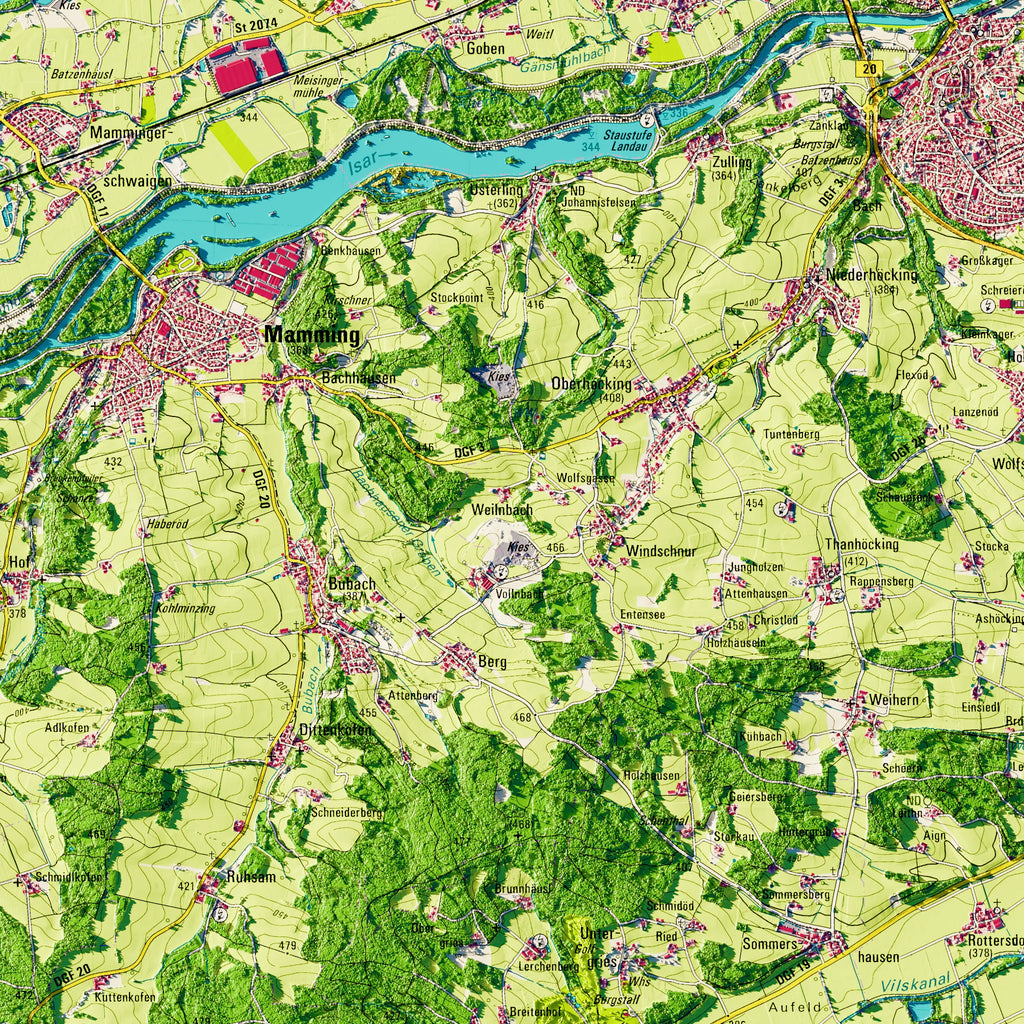 Landkreis Dingolfing-Landau Poster, Detailansicht der Reliefkarte in der Farbvariante Topographisch #dtk