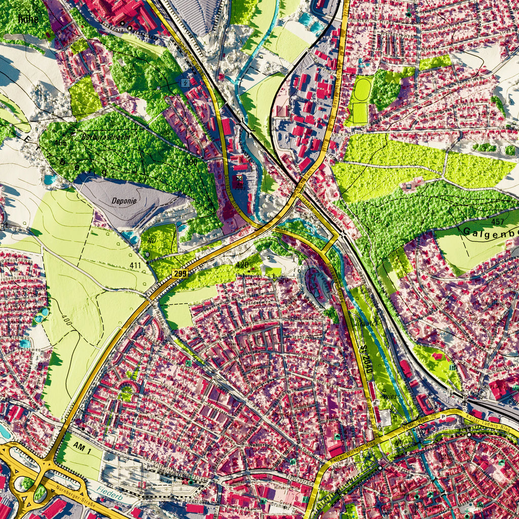 Stadt Amberg Poster, Detailansicht der Reliefkarte in der Farbvariante Topographisch #dtk