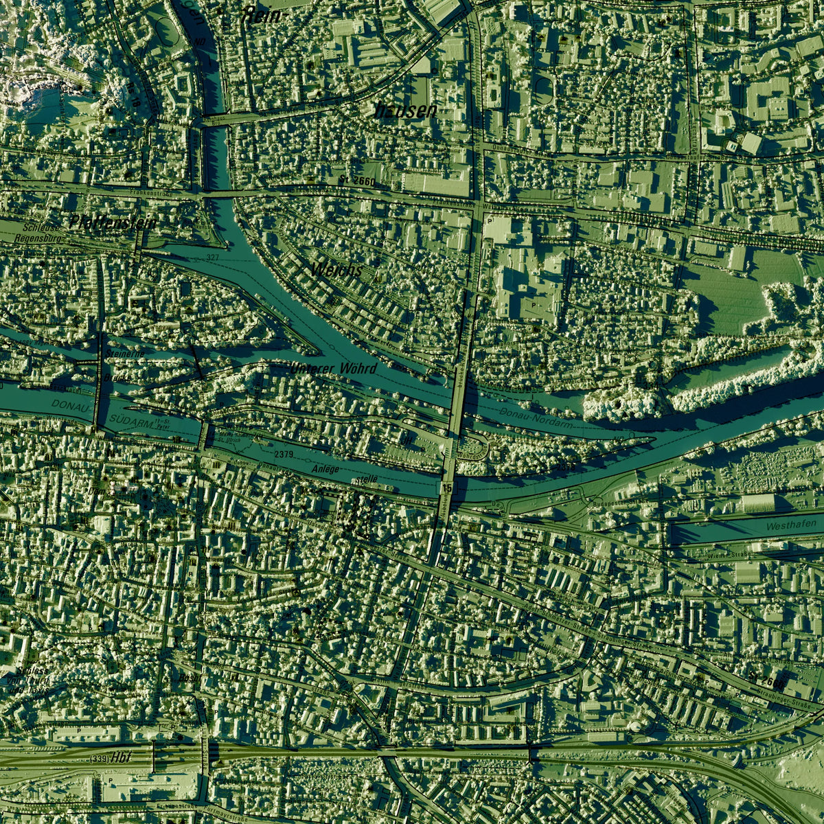 Stadt Regensburg Poster, Detailansicht der Reliefkarte in der Farbvariante Salbei #c1