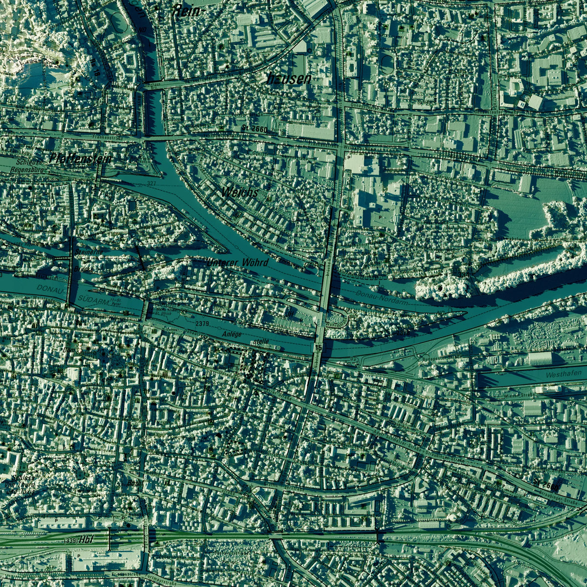 Stadt Regensburg Poster, Detailansicht der Reliefkarte in der Farbvariante Petrol #c2