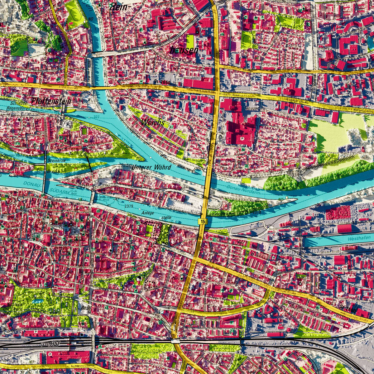 Stadt Regensburg Poster, Detailansicht der Reliefkarte in der Farbvariante Topographisch #dtk